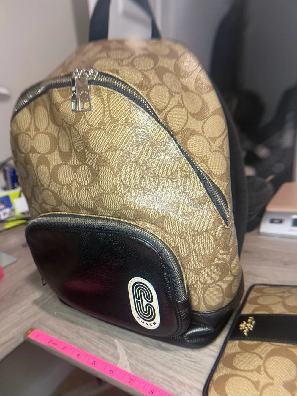 Coach Tan Signature Canvas Backpack with Black Leather and includes wallet